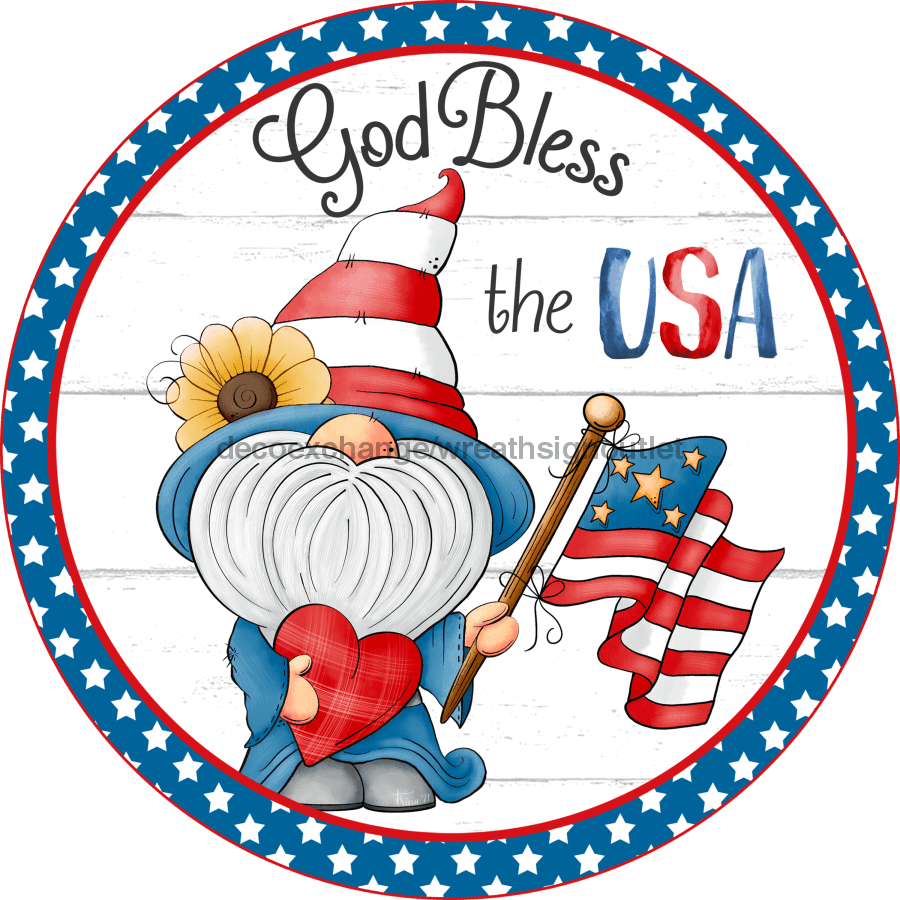 Wreath Sign, Patriotic Sign, Patriotic Gnome, 10" Round, Metal Sign, DECOE-111, DecoExchange, Sign For Wreath - DecoExchange