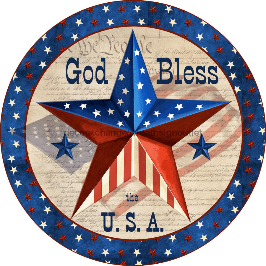 Vinyl Decal, Rustic Patriotic Sign, 10" Round Metal Sign VINYL-DECOE-266, Sign For Wreath, DecoExchange - DecoExchange