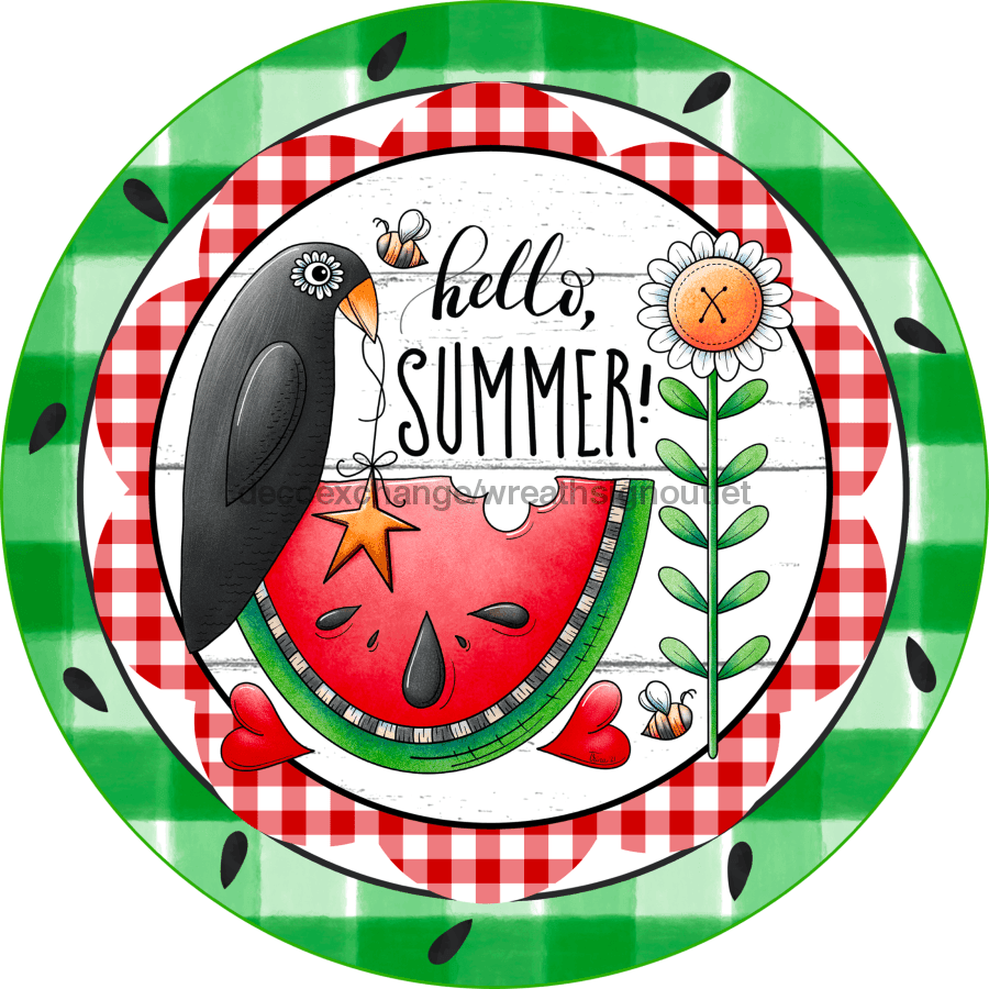 Wreath Sign, Summer Sign, Crow and Watermelon Sign, 10" Round Metal Sign DECOE-830, Sign For Wreath, DecoExchange - DecoExchange