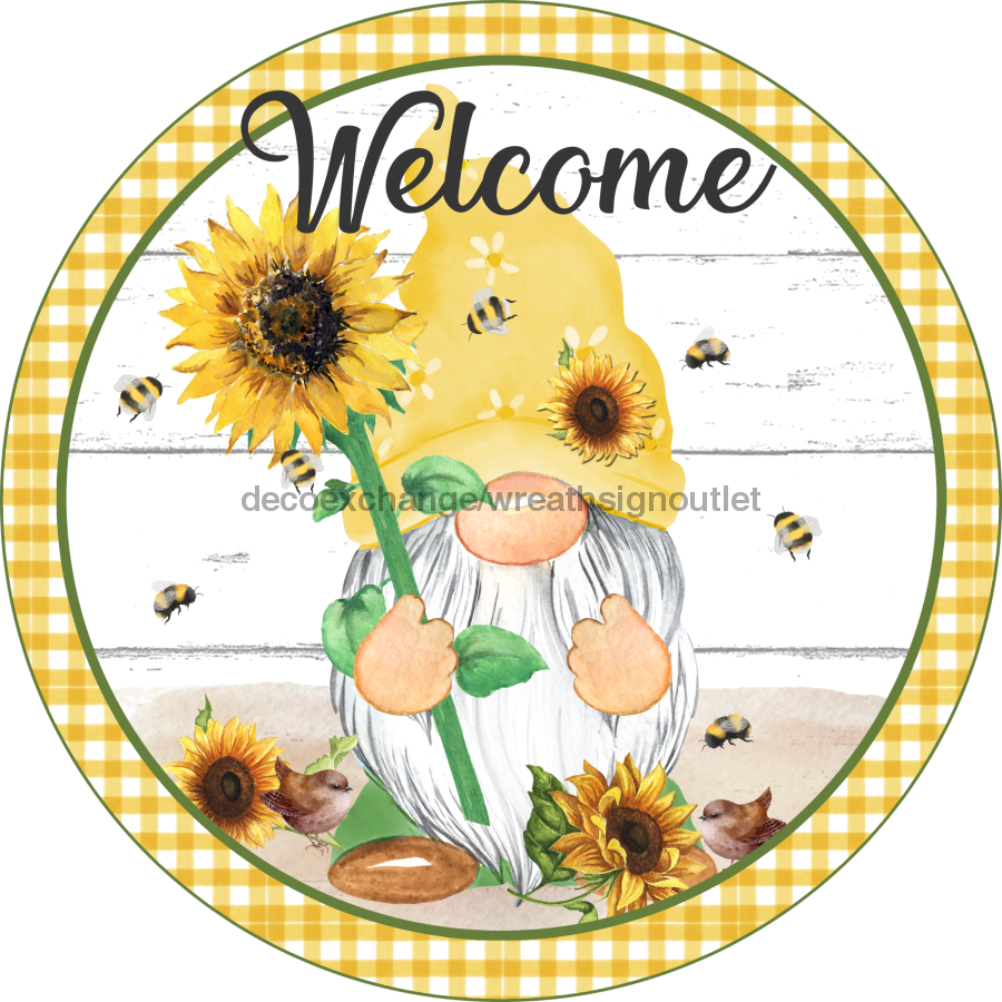 Vinyl Decal, Sunflower Gnome, Welcome Sign, 10" Round Metal Sign VINYL-DECOE-275, Sign For Wreath, DecoExchange - DecoExchange