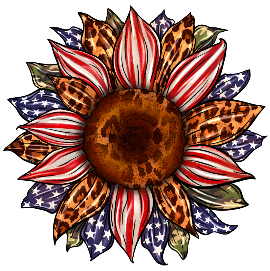 Sunflower, Patriotic Flower, Animal Print Flower, wood sign, Door Hanger, DECOE-W-095 wreath size wood, wood wreath sign, summer, fall, every day, patriotic