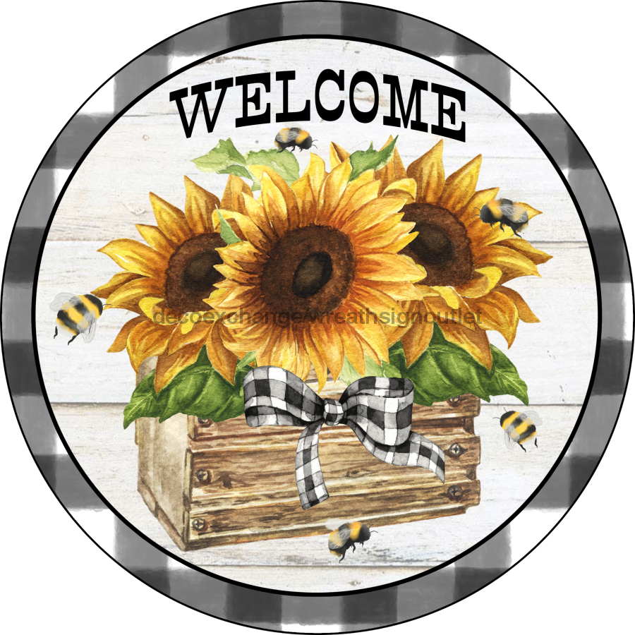 Vinyl Decal, Sunflower Welcome Sign, 10" Round Metal Sign VINYL-DECOE-260, Sign For Wreath, DecoExchange - DecoExchange