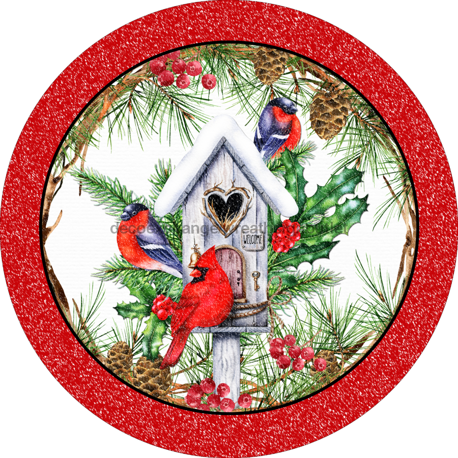Wreath Sign, 10" Round Vinyl Decal - Christmas Cardinals - DECOE-077, DecoExchange, Sign For Wreaths - DecoExchange