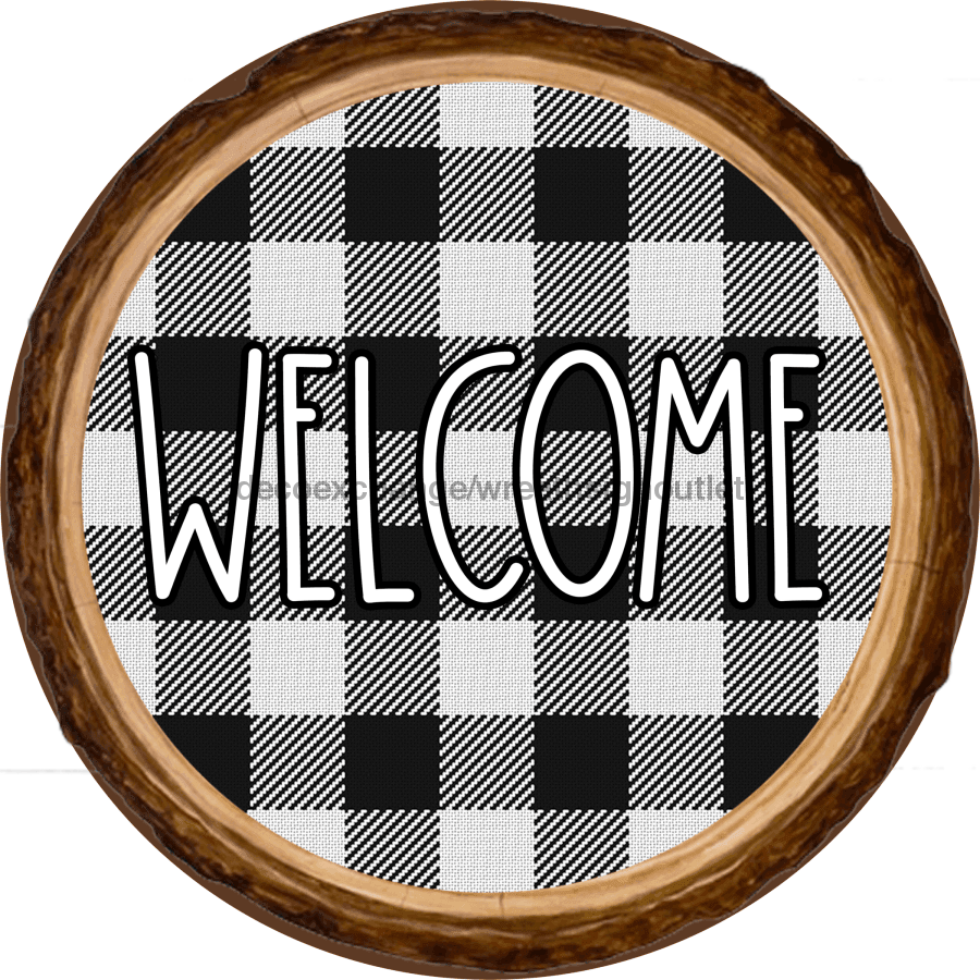 Wreath Sign, Welcome - Buffalo Check Wood Round 10" Round Metal Sign DECOE-180, DecoExchange, Sign For Wreaths - DecoExchange