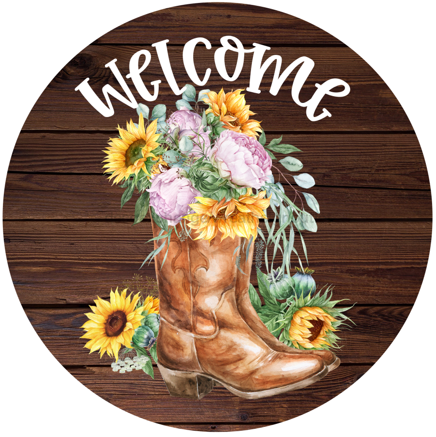 Welcome Sign, Boots Sign, Country Sign, DECOE-4049, 10" Metal Round