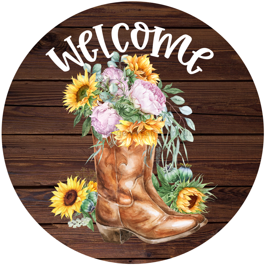 Welcome Sign, Boots Sign, Country Sign, VINYL-DECOE-4049, 10" Vinyl Decal Round