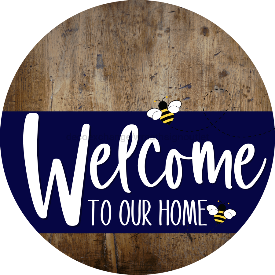 Welcome To Our Home Sign Bee Navy Stripe Wood Grain Decoe-2949-Dh 18 Round