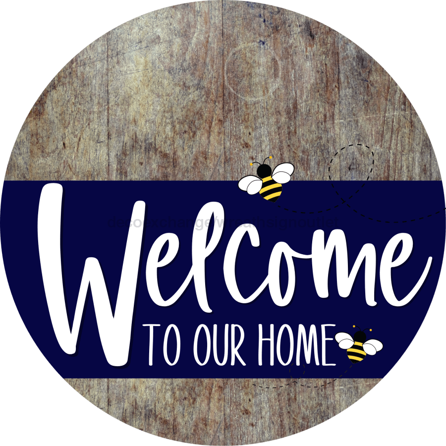 Welcome To Our Home Sign Bee Navy Stripe Wood Grain Decoe-2950-Dh 18 Round
