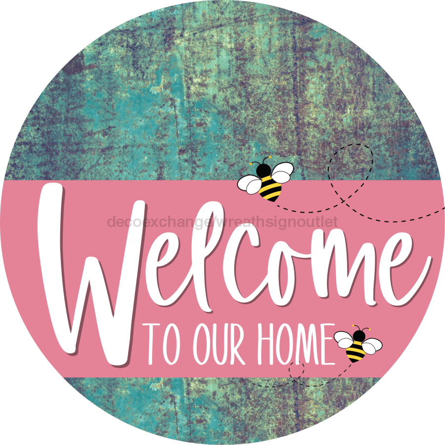 Welcome To Our Home Sign Bee Pink Stripe Petina Look Decoe-3031-Dh 18 Wood Round