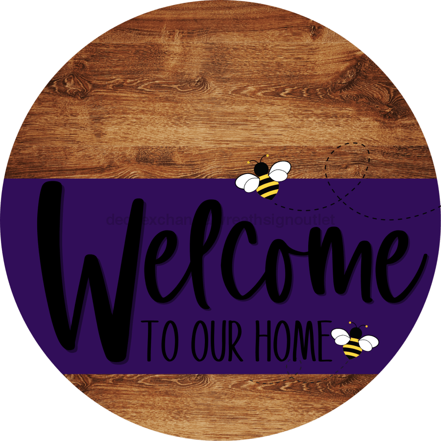 Welcome To Our Home Sign Bee Purple Stripe Wood Grain Decoe-3037-Dh 18 Round