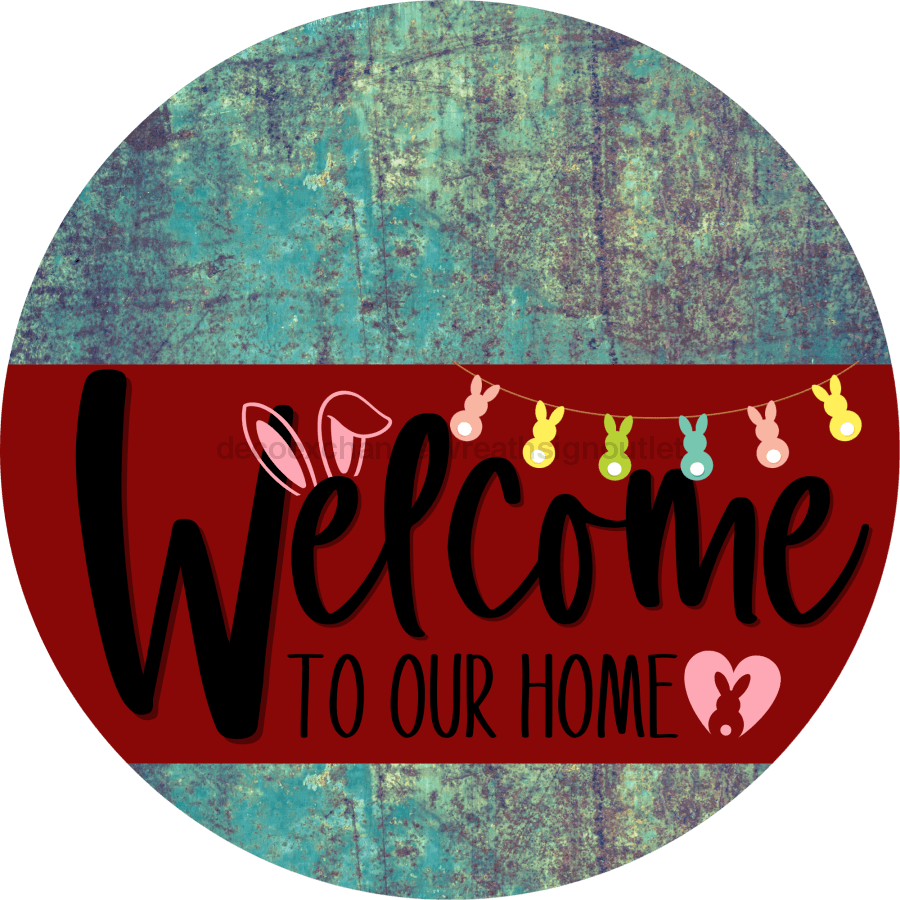 Welcome To Our Home Sign Easter Dark Red Stripe Petina Look Decoe-3458-Dh 18 Wood Round