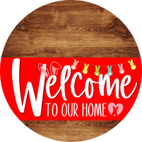 Thumbnail for Welcome To Our Home Sign Easter Red Stripe Wood Grain Decoe-3444-Dh 18 Round
