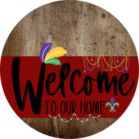 Thumbnail for Welcome To Our Home Sign Mardi Gras Dark Red Stripe Wood Grain Decoe-3608-Dh 18 Round