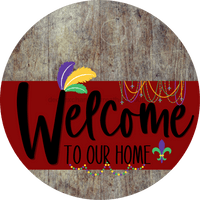 Thumbnail for Welcome To Our Home Sign Mardi Gras Dark Red Stripe Wood Grain Decoe-3609-Dh 18 Round