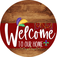 Thumbnail for Welcome To Our Home Sign Mardi Gras Dark Red Stripe Wood Grain Decoe-3616-Dh 18 Round
