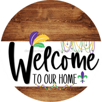 Thumbnail for Welcome To Our Home Sign Mardi Gras White Stripe Wood Grain Decoe-3546-Dh 18 Round