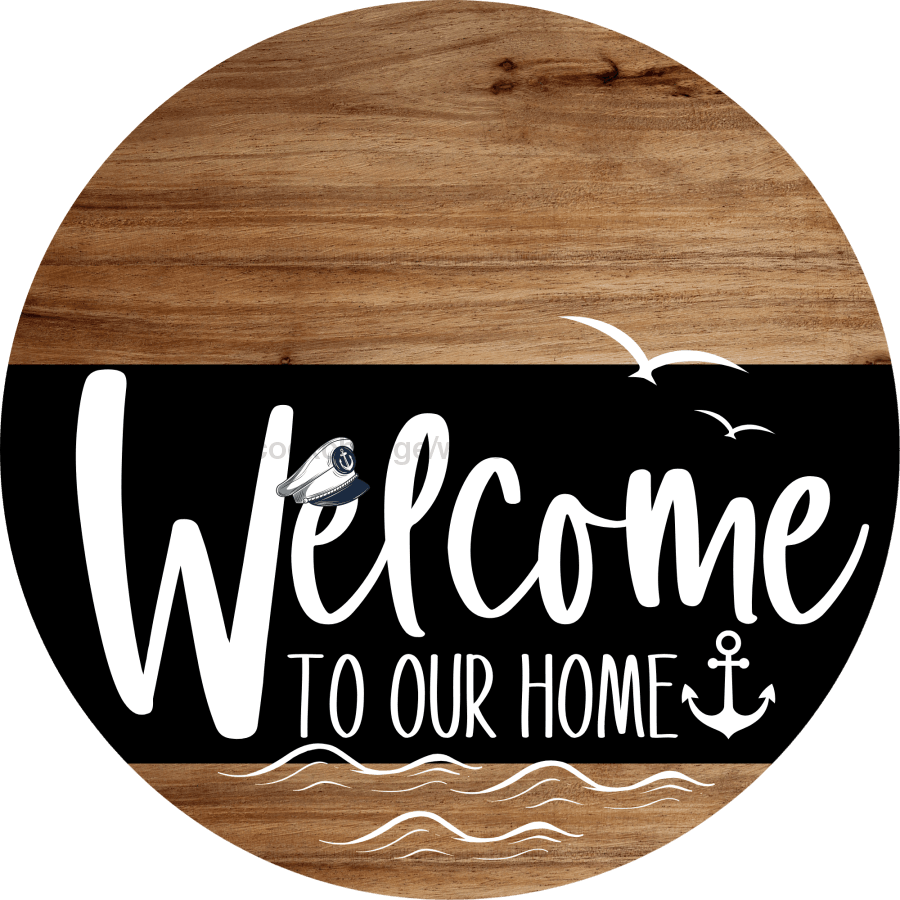 Welcome To Our Home Sign Nautical Black Stripe Wood Grain Decoe-3230-Dh 18 Round