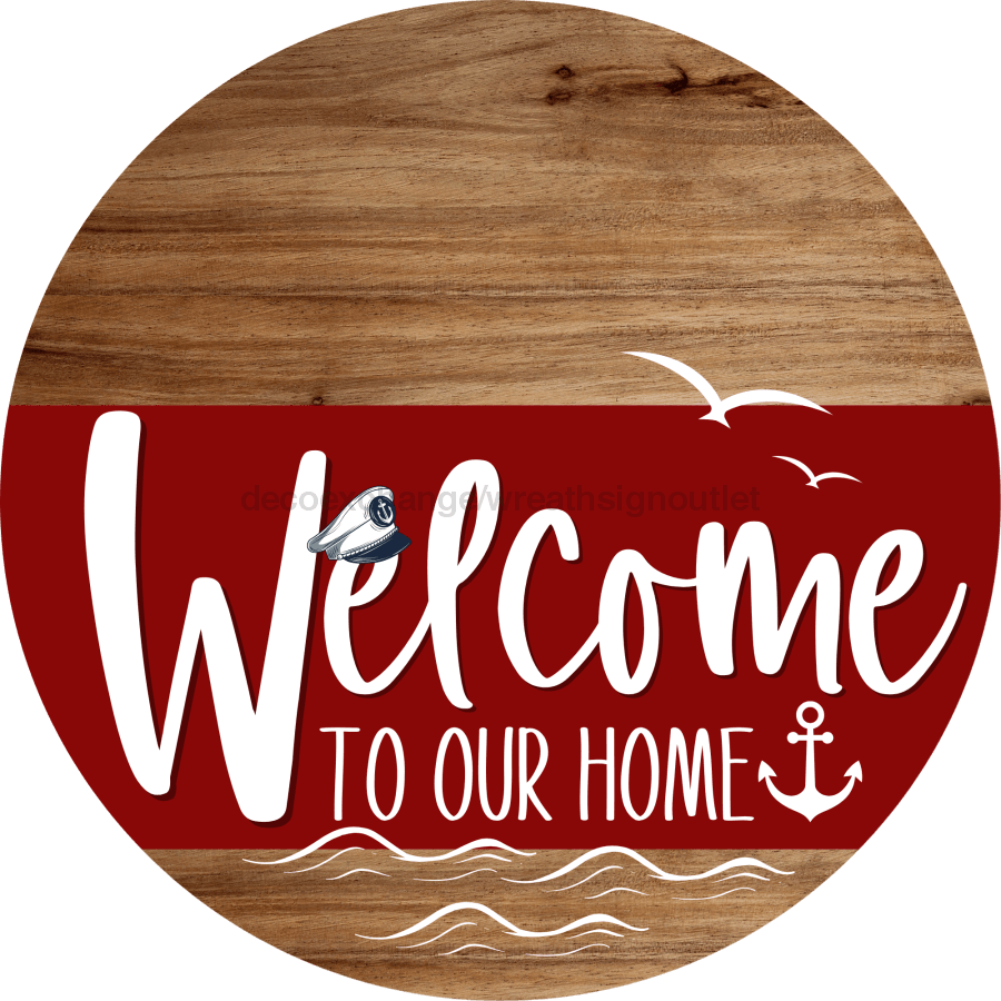 Welcome To Our Home Sign Nautical Dark Red Stripe Wood Grain Decoe-3158-Dh 18 Round
