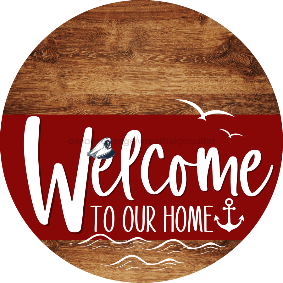Welcome To Our Home Sign Nautical Dark Red Stripe Wood Grain Decoe-3159-Dh 18 Round