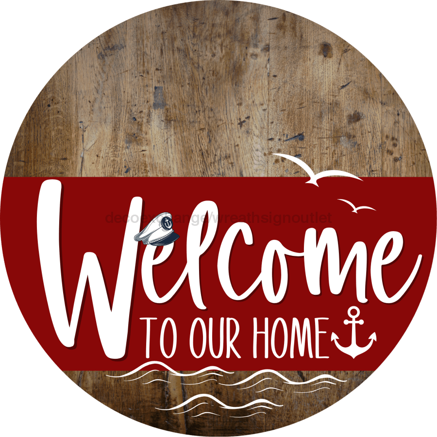 Welcome To Our Home Sign Nautical Dark Red Stripe Wood Grain Decoe-3161-Dh 18 Round