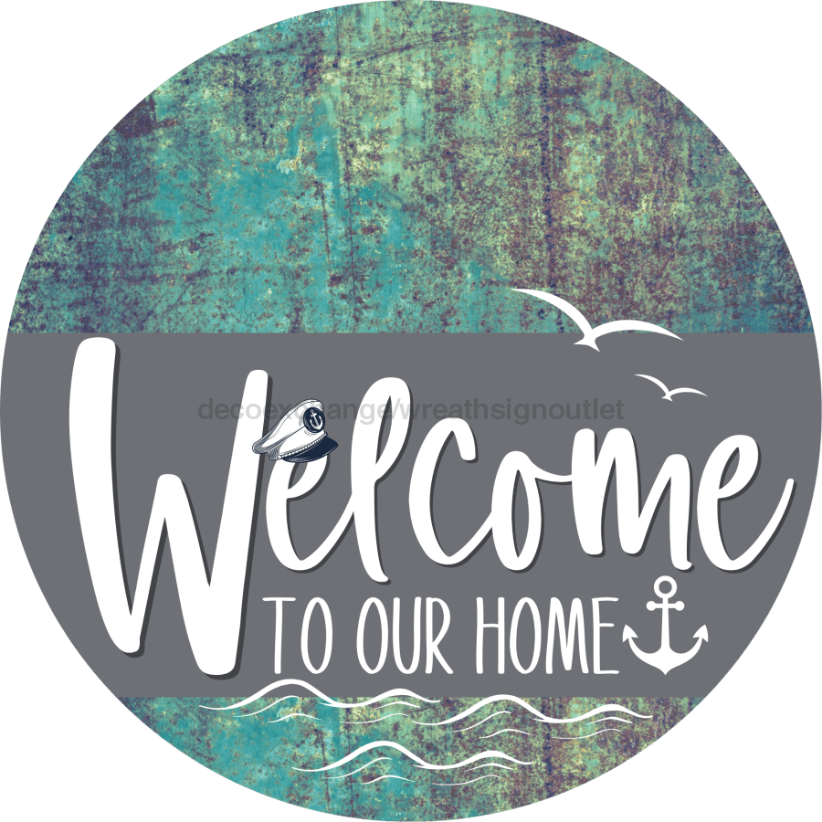Welcome To Our Home Sign Nautical Gray Stripe Petina Look Decoe-3123-Dh 18 Wood Round
