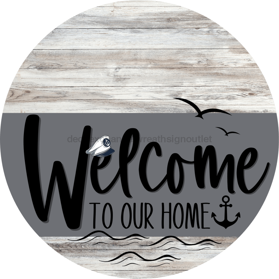 Welcome To Our Home Sign Nautical Gray Stripe White Wash Decoe-3116-Dh 18 Wood Round