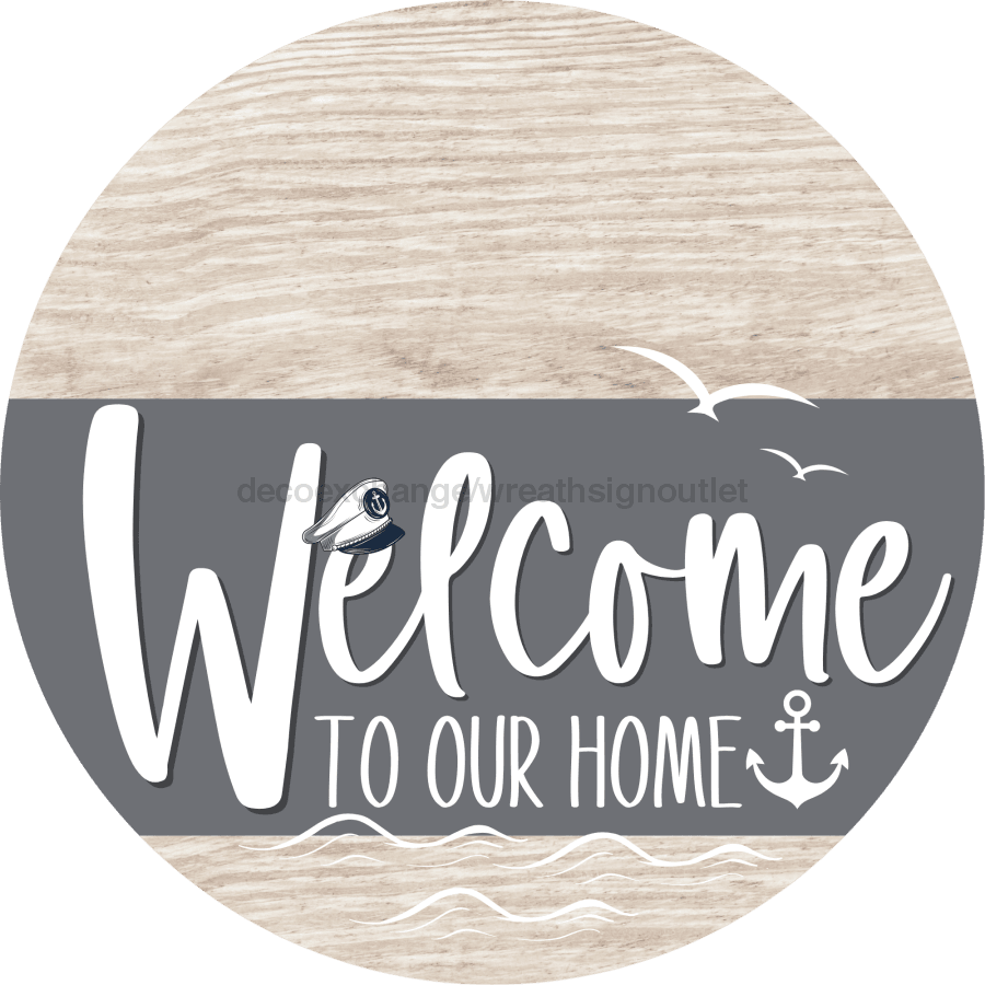 Welcome To Our Home Sign Nautical Gray Stripe White Wash Decoe-3125-Dh 18 Wood Round