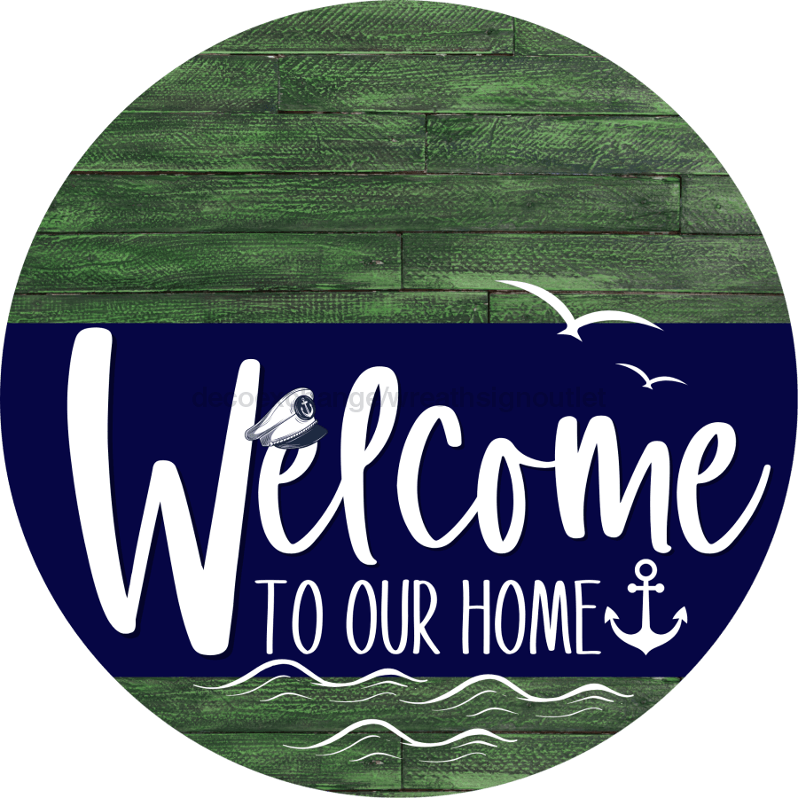 Welcome To Our Home Sign Nautical Navy Stripe Green Stain Decoe-3107-Dh 18 Wood Round