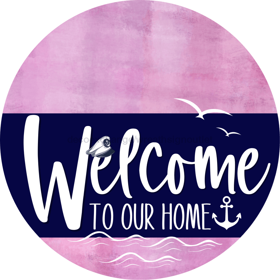 Welcome To Our Home Sign Nautical Navy Stripe Pink Stain Decoe-3104-Dh 18 Wood Round