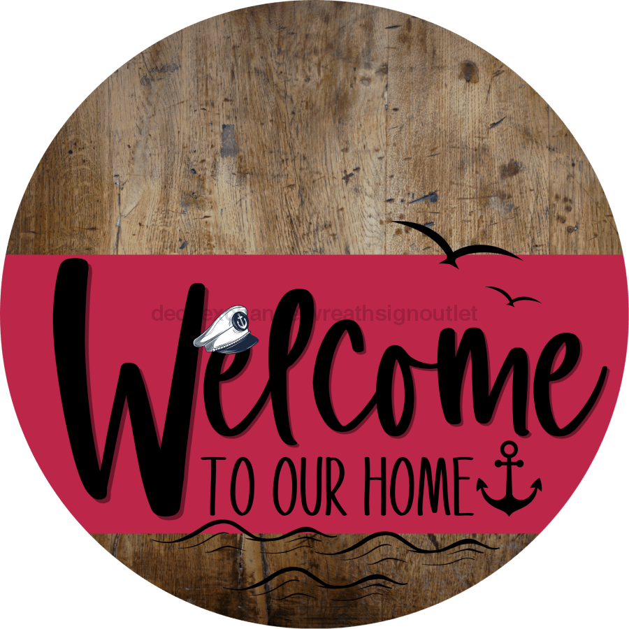 Welcome To Our Home Sign Nautical Viva Magenta Stripe Wood Grain Decoe-3211-Dh 18 Round