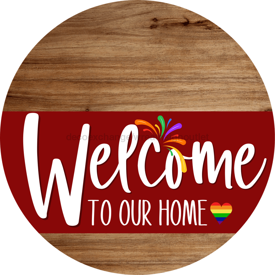 Welcome To Our Home Sign Pride Dark Red Stripe Wood Grain Decoe-3919-Dh 18 Round