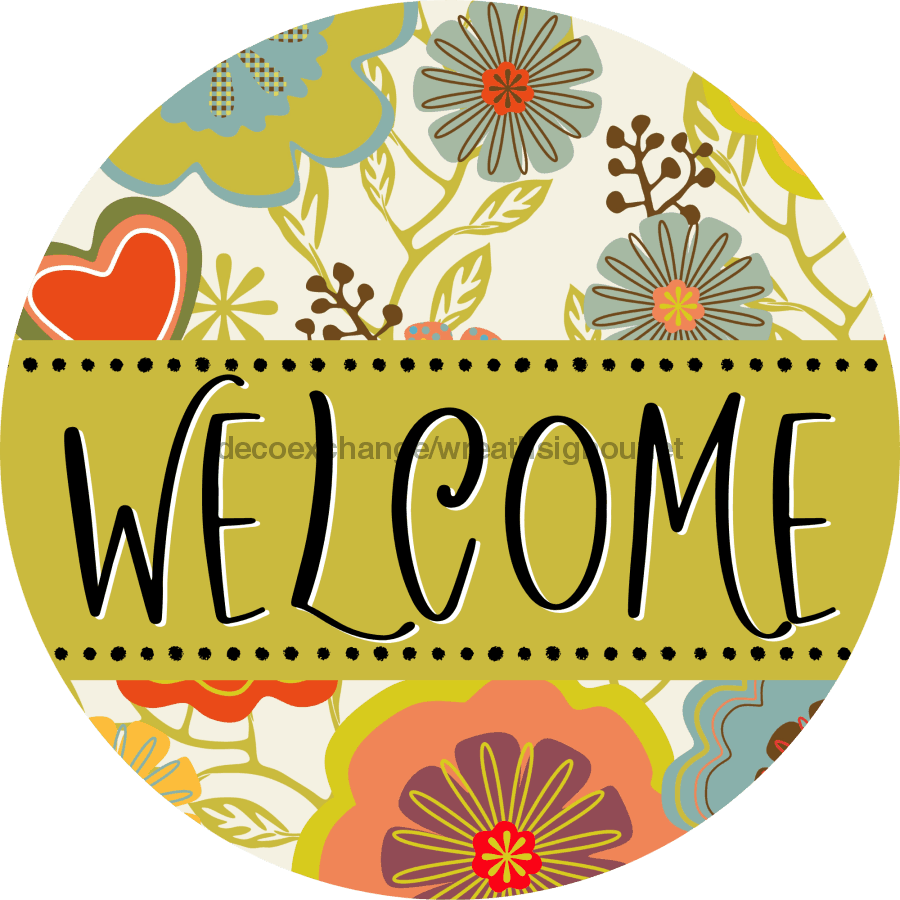 Welcome Wreath Sign, Spring Floral Wreath, DECOE-4121-A, 11.75 metal Round