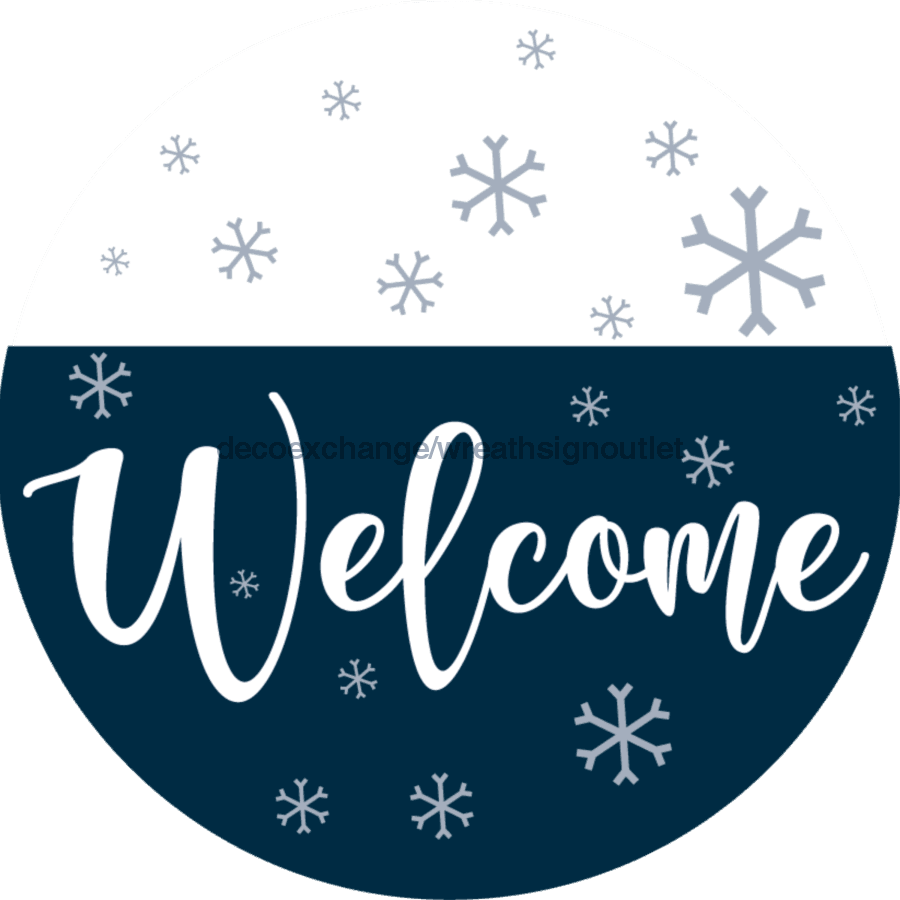 Wreath Sign, Blue Winter Welcome, Christmas Sign, 10" Round, Metal Sign, DECOE-565, DecoExchange, Sign For Wreath - DecoExchange