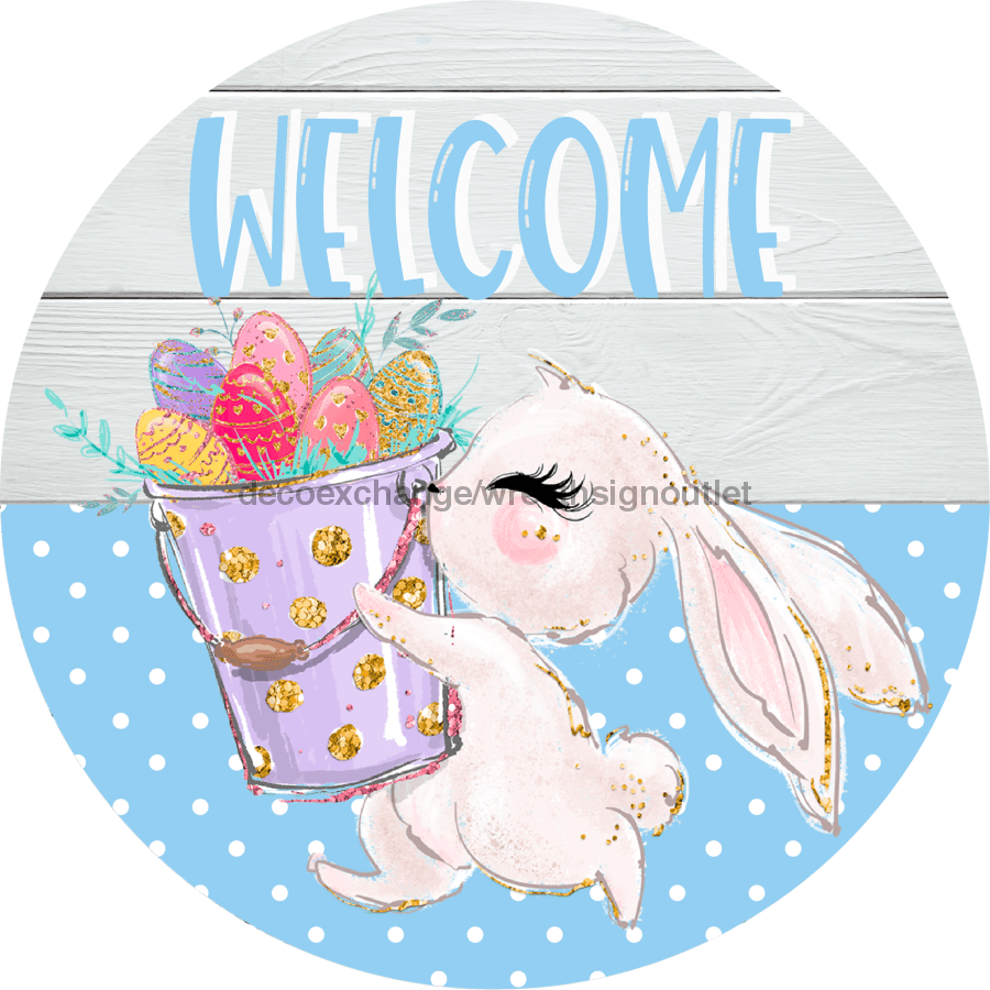 Wreath Sign, Easter Sign, Welcome Bunny Sign, 10" Round Metal Sign DECOE-400, Sign For Wreath, DecoExchange - DecoExchange
