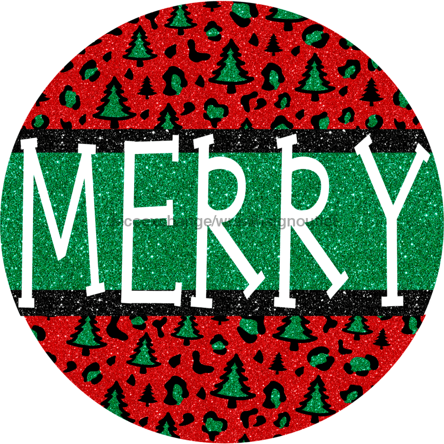 Wreath Sign, Green Leopard Trees, Merry Christmas Sign, 18" Wood Round,  Sign, DECOE-560, DecoExchange, Sign For Wreath