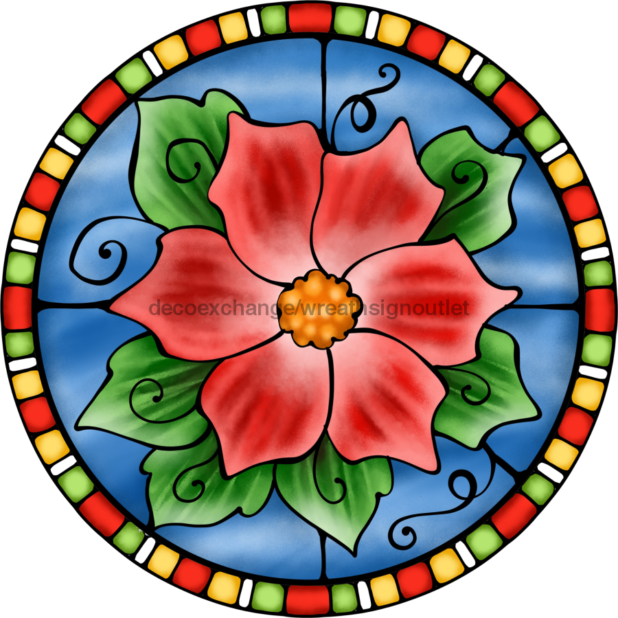 Wreath Sign, Poinsettia Sign, Christmas Sign, Stained Glass, DECOE-1121, Sign For Wreath 8 round, metal sign, christmas