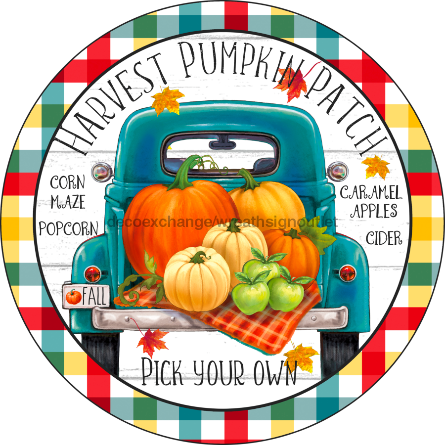 Wreath Sign, Pumpkin Harvest Sign, Fall Sign, 10" Round Metal Sign DECOE-823, Sign For Wreath, DecoExchange - DecoExchange