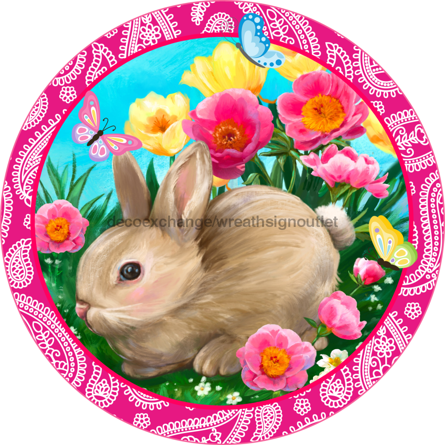 Wreath Sign, Rabbit Easter Wreath, Round Easter Sign, Whimsical Easter, DECOE-530, Sign For Wreath 8 round, metal sign, easter