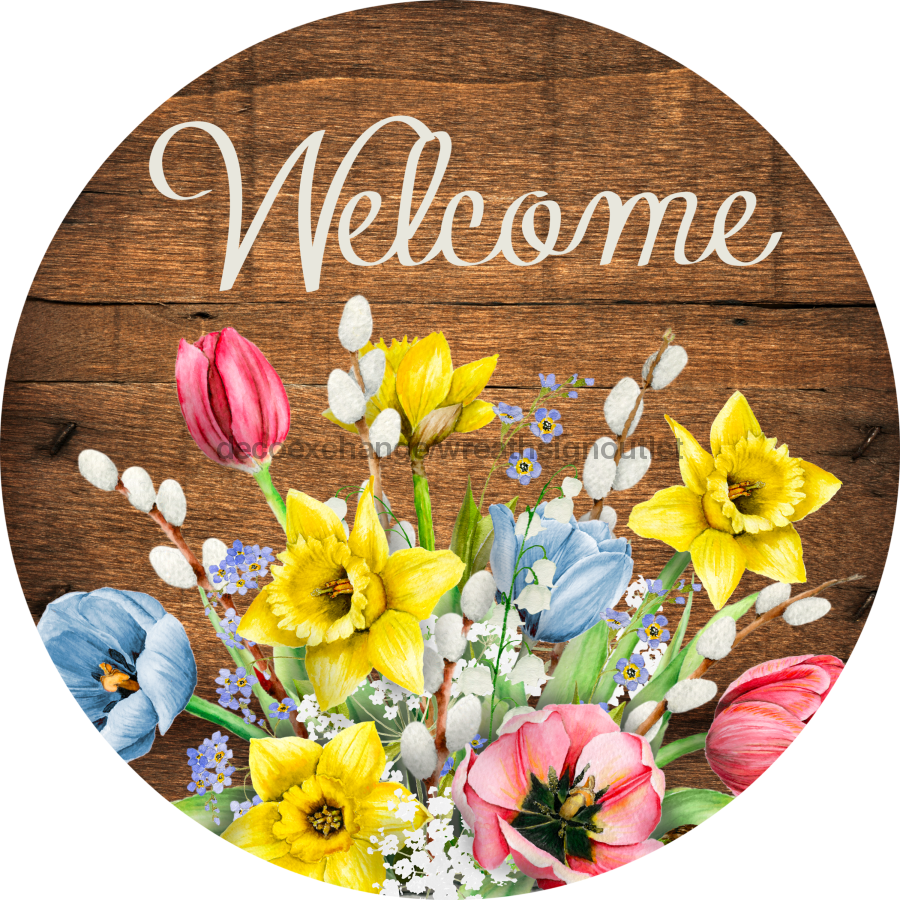 Wreath Sign, Spring Sign, Welcome Flower Sign, 18" Wood Round  Sign DECOE-422, Sign For Wreath, DecoExchange