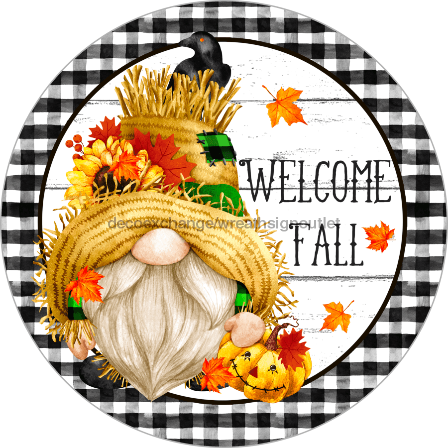 Wreath Sign, Welcome Fall, Gnome Fall Sign, 18" Wood Round  Sign DECOE-740, Sign For Wreath, DecoExchange