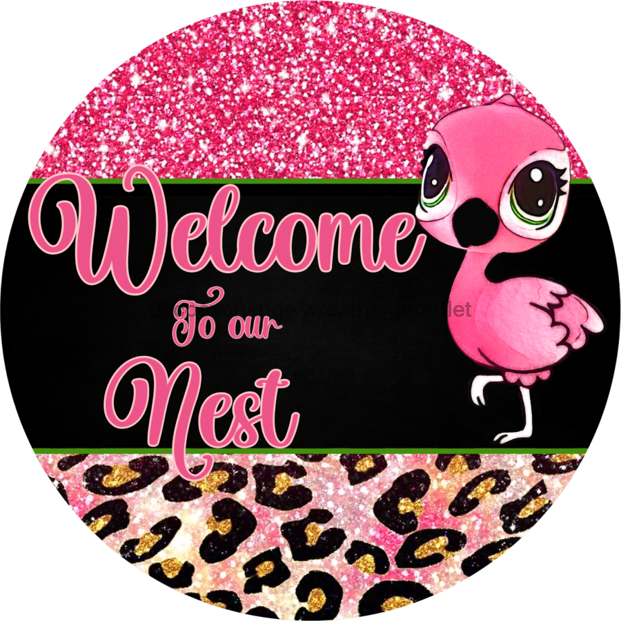 Wreath Sign, Welcome Sign, Flamingo Sign, 18" Wood Round  Sign DECOE-296, Sign For Wreath, DecoExchange
